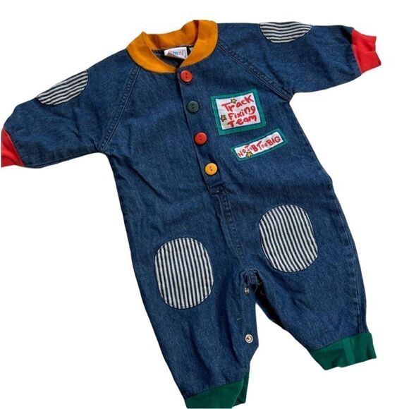 Fun Vintage 1990s Multicolor Train Conductor Denim Mechanic Coveralls Jumper - Picture 1 of 6